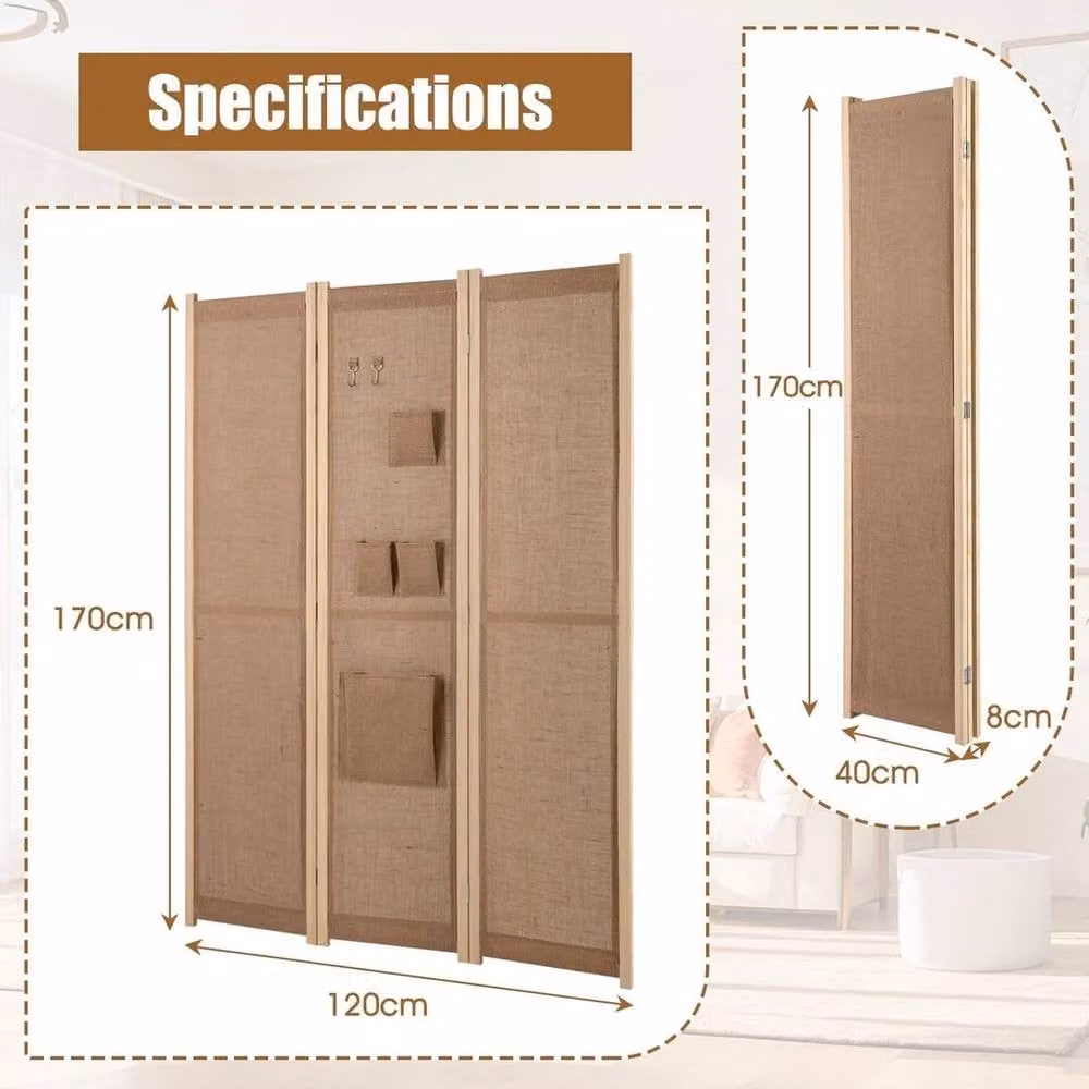 KORVIXA 3-Panel Faux Linen Folding Room Divider in Beige, H 170 x W 100 x D 100 cm – 2