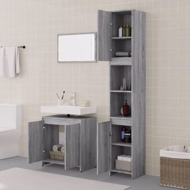 Berkfield Home Modern 3 Piece Grey Bathroom Furniture Set including Mirror Cabinet, Tall Cabinet and Vanity Unit