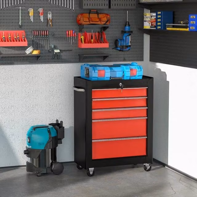 EONLION 5-Drawer Lockable Steel Tool Storage Cabinet with Wheels in Red, W/D/H: 100 x 50 x 100 cm