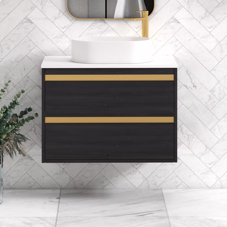 Royal Bathrooms Orion 800mm Hale Wall Hung Vanity Unit with Peak Basin in White and Black with Brushed Brass Accent Trim and 2 Drawers
