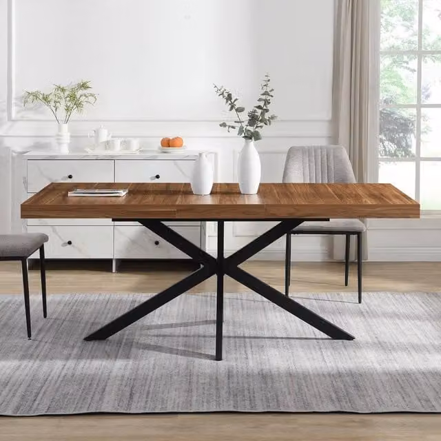 Mona Vale Furniture Industrial X-Frame Extendable Rectangular Dining Table in Walnut and Brown – 1