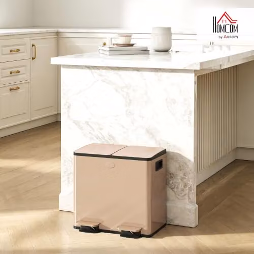 HOMCOM Dual Kitchen Pedal Bin with Soft Close Lids and Odour Filter, Gold Tone, Stainless Steel, 2 x 15L – 2