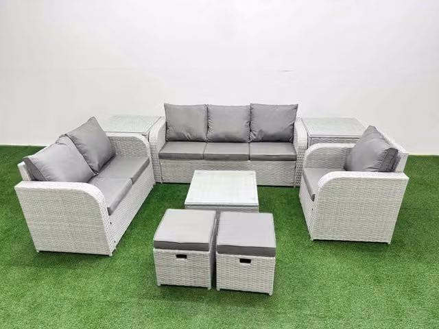 Fimous Patio 8 Seater Grey Rattan Outdoor Furniture Set with Square Coffee Table, 3 Seater Sofa, Loveseat, Reclining Chairs, Stool and Side Tables