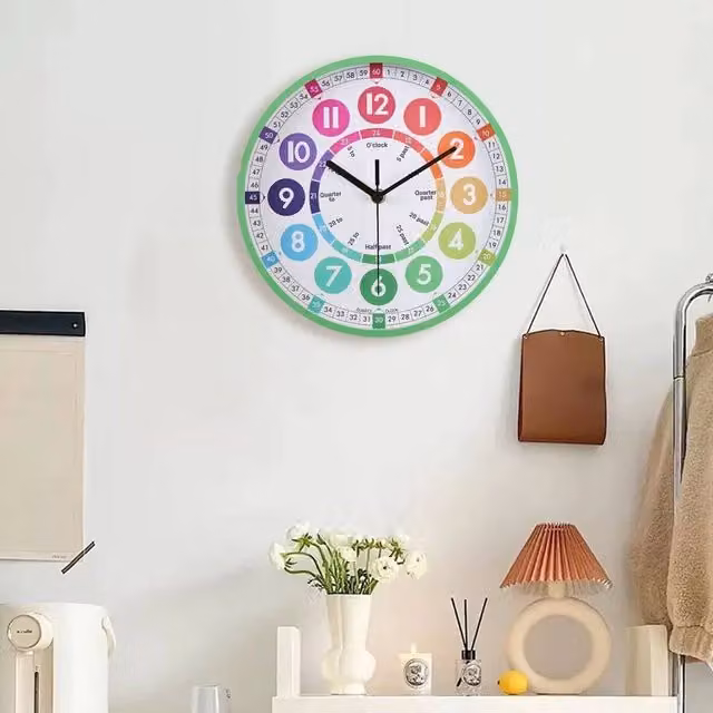 EONLION Green Round Silent Learning Clock for Children, Diameter: 25 cm
