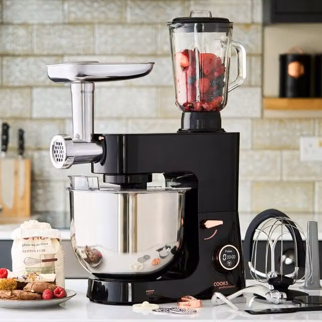 Cooks Professional Multi-Function 1800W Digital Stand Mixer with 8L Stainless Steel Bowl, Blender and Meat Mincer Capability in Black and Rose Gold