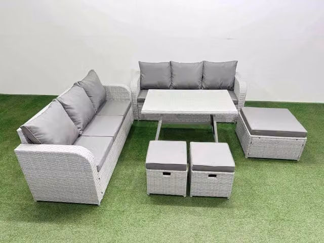 Fimous Rattan High Back Lounge Sofa Set with 3 Seater Sofa and 3 Stools in Light Grey