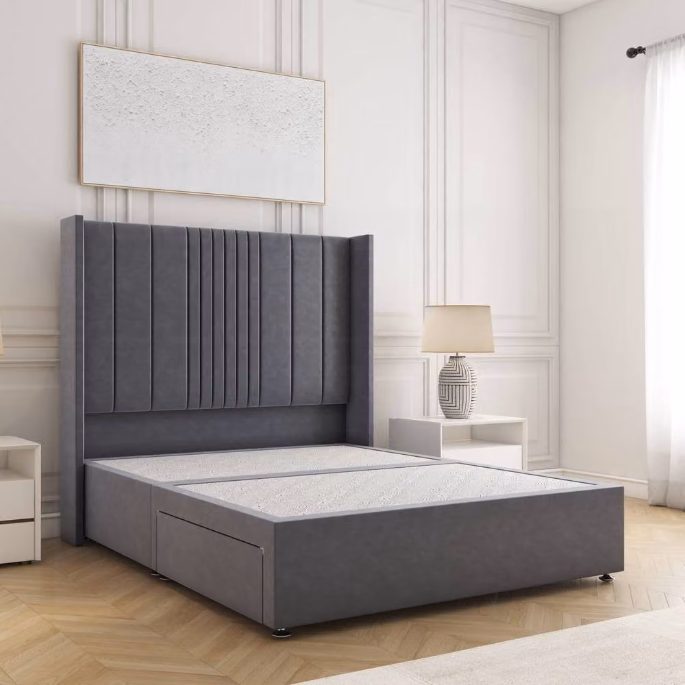 BSSPOKE Charlotte Double Divan Bed with 54 inch Plush Headboard and 2 Drawers in Charcoal Grey Velvet Fabric, W/D/H: 140 x 200 cm