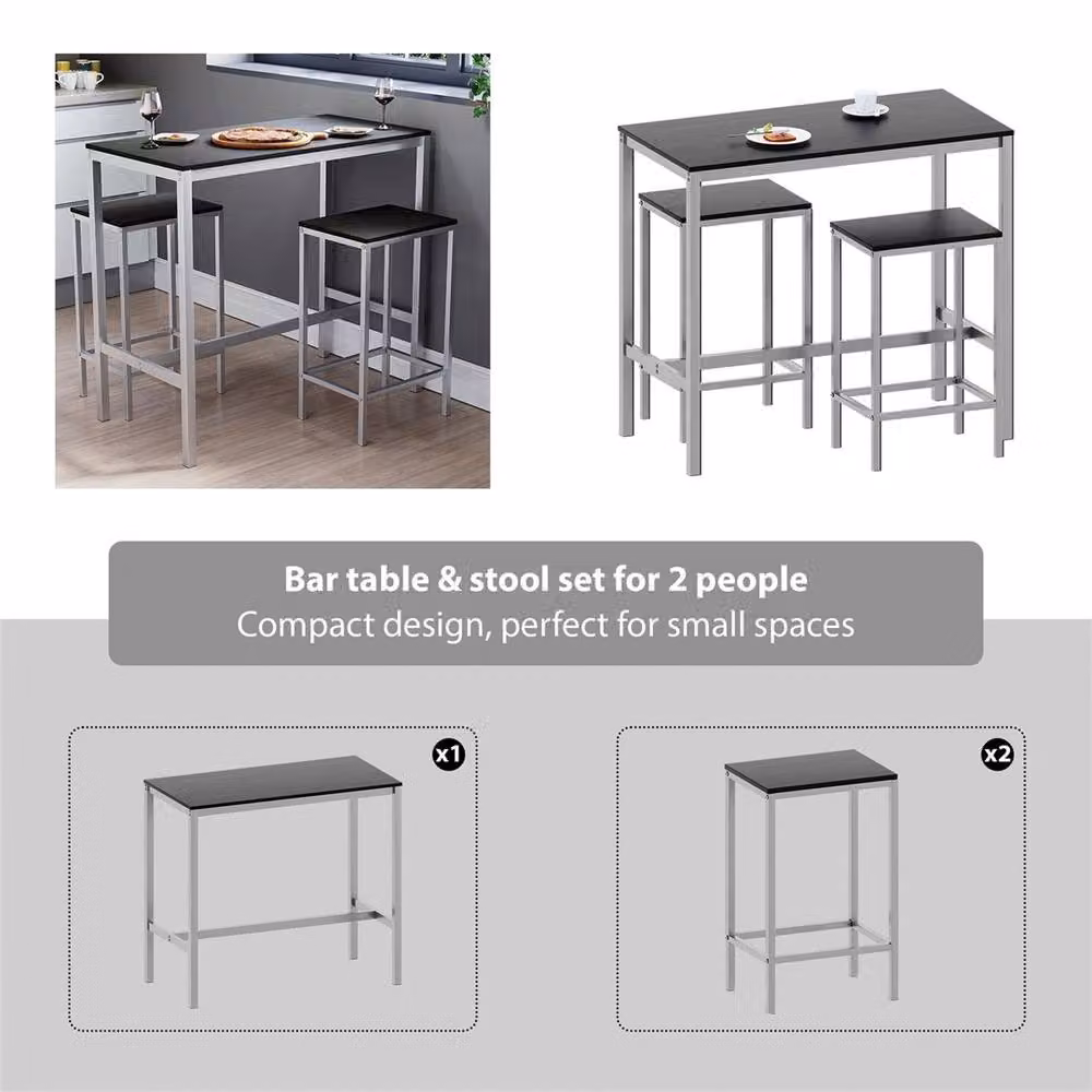 NESTLUNE Industrial Bar Table and 2 Stool Set, Black Metal Dining Set for Kitchen and Dining Room – 3