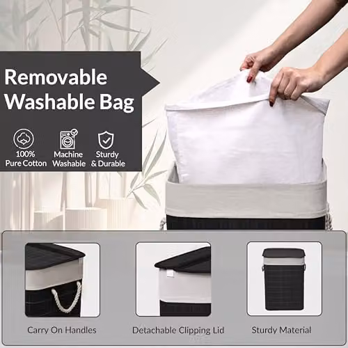 MantraRaj Black Bamboo Foldable Laundry Basket with Lid and Removable Liner, 65L Capacity – 2