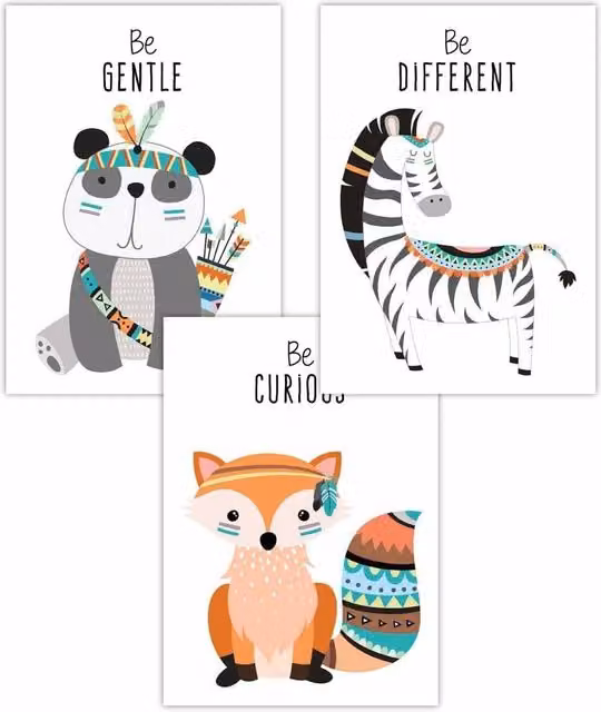 ARTZE Set of 3 Nursery Tribal Animal Quote Paper Posters in Orange and Multicolour, W: 30 cm, H: 42 cm