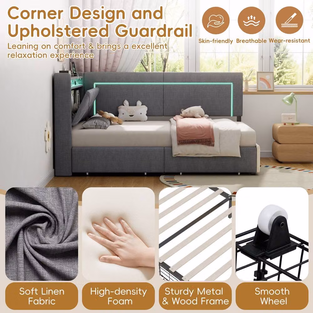 Matteo Single Daybed in Grey Linen with Storage Drawers and USB Charging Port, W/D/H: 90 x 200 cm – 5