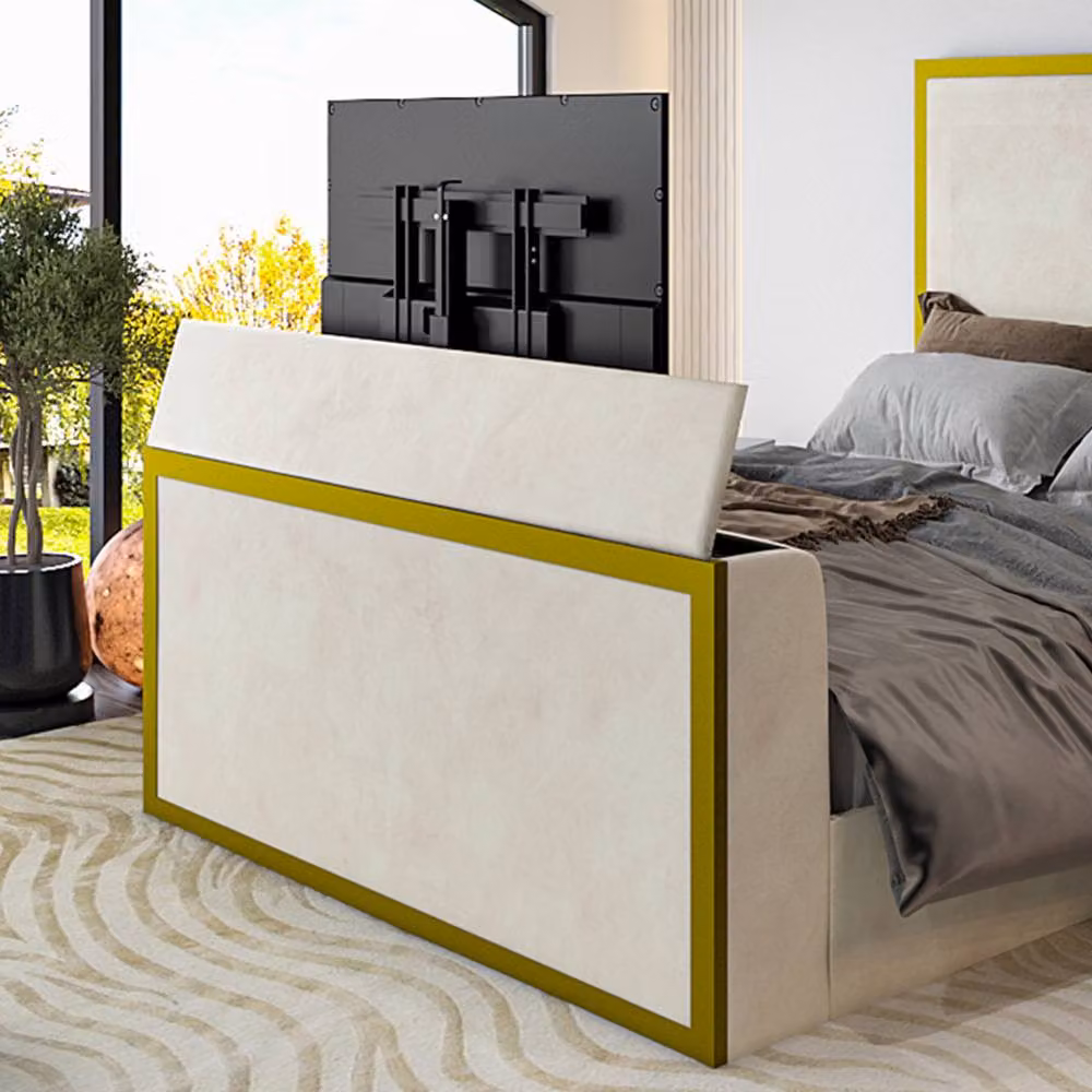 KDMD Woldingham Upholstered Electric Media TV Bed Frame in Gold and White, Double Size – 3