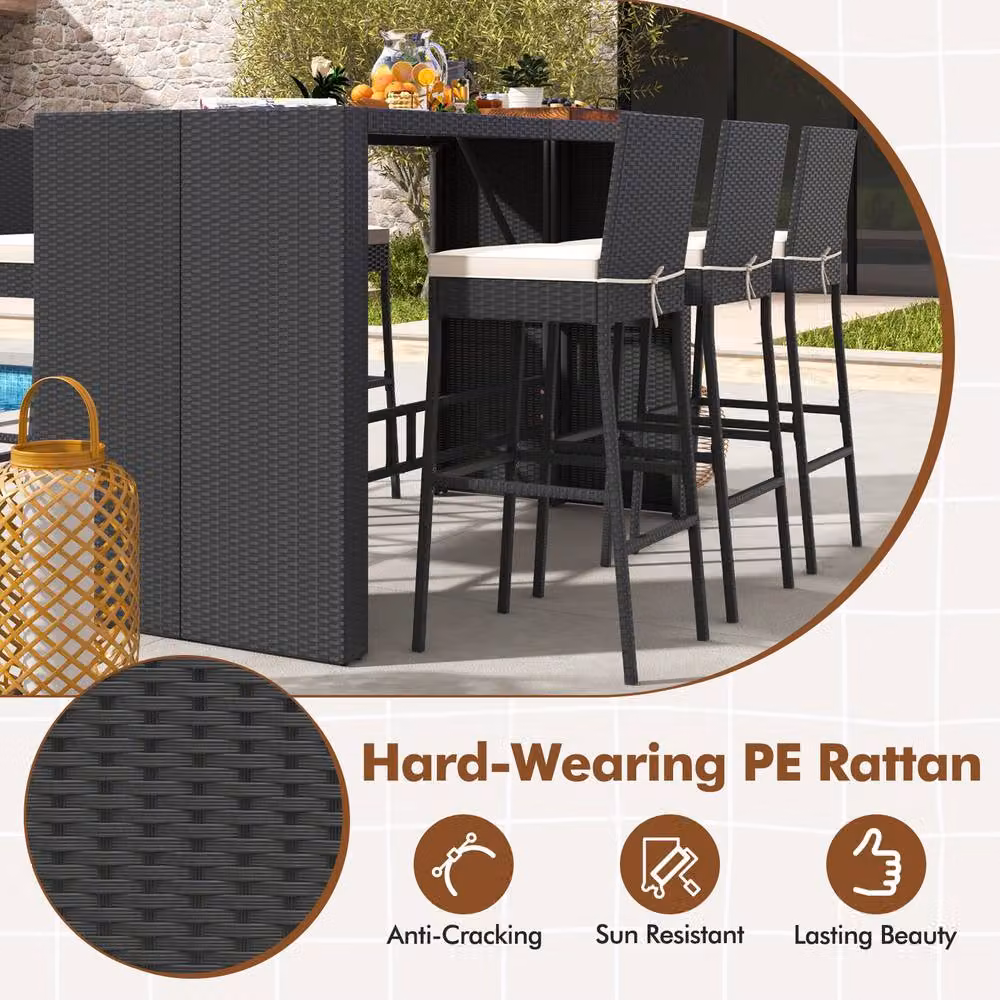 Costway 7 Piece Black Rattan Patio Bar Set with 6 Wicker Bar Height Chairs and Acacia Wood Details – 7