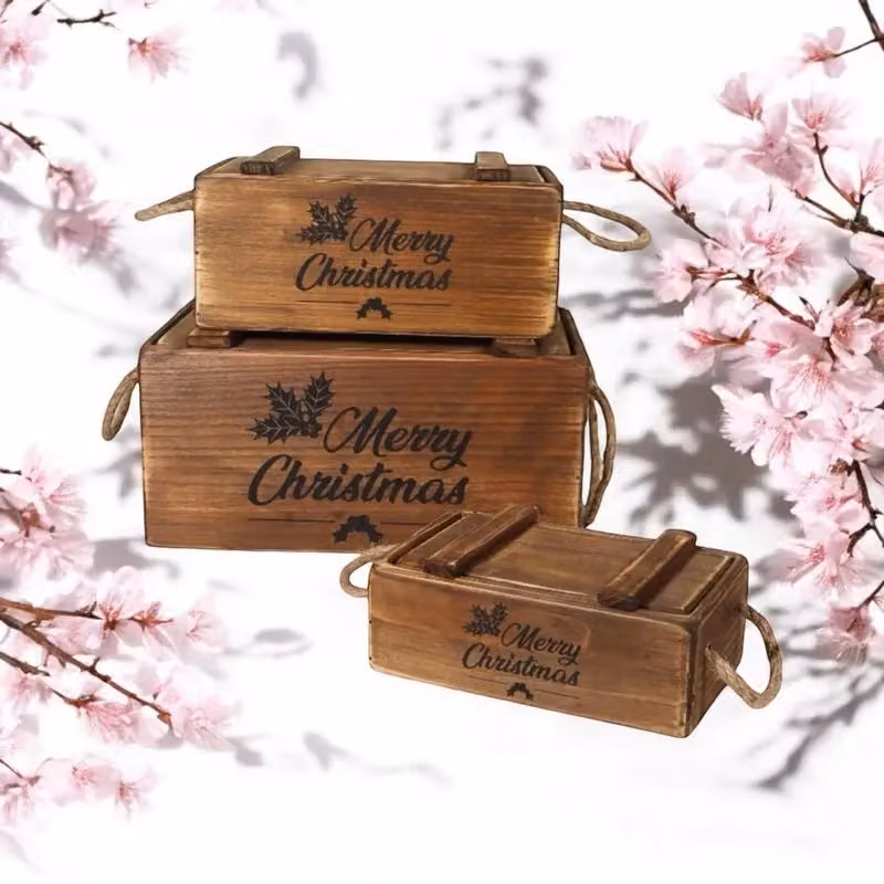 Minster Set of 3 Solid Wood Rectangular Crates with Lids and Rope Handles in Brown – 2