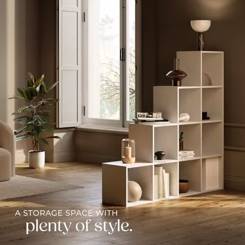tectake Modern White Bookcase with 10 Tiered Open Cube Compartments, H 130 x W 130 x D 29 cm – 4