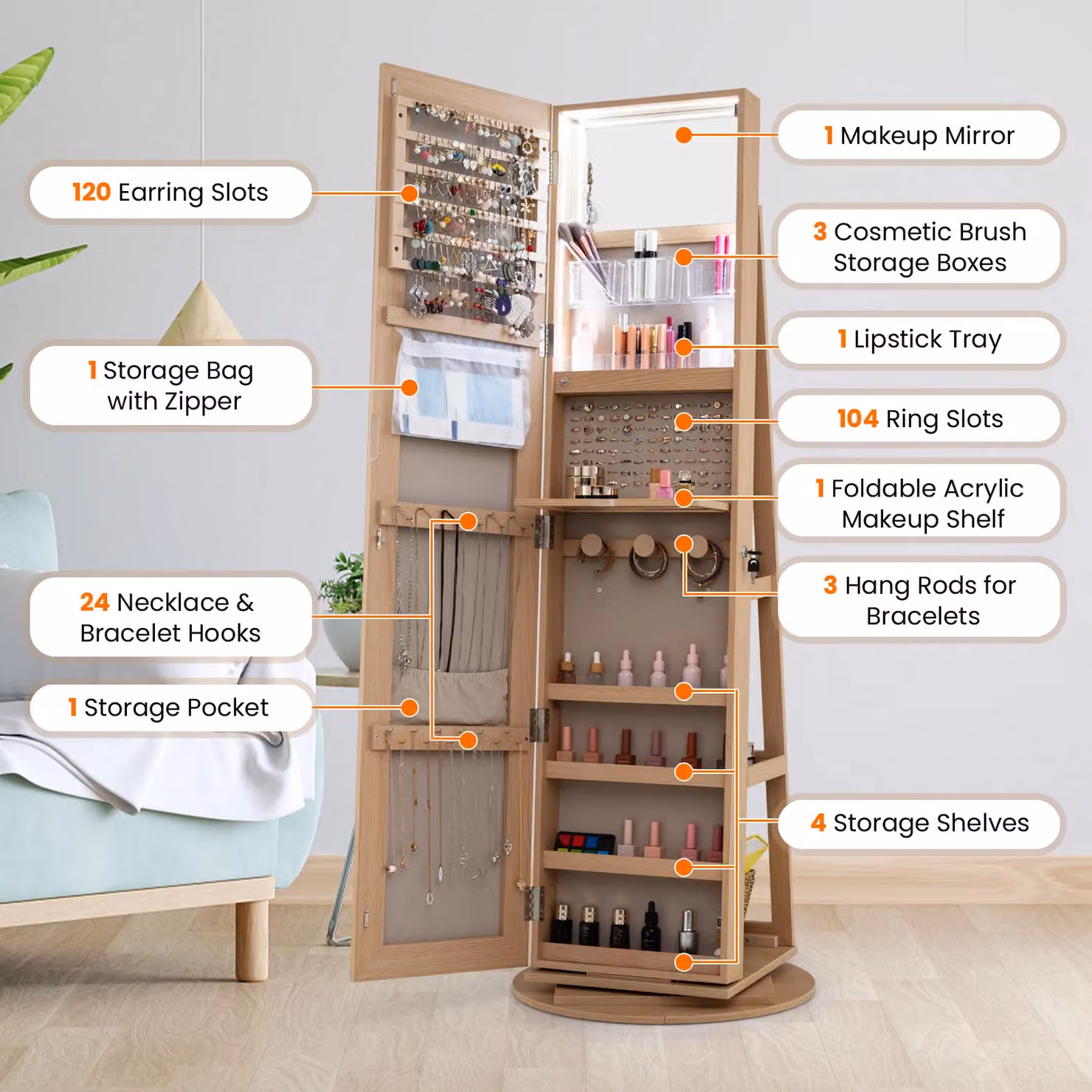 Costway 360 Rotating Standing Jewelry Armoire and Makeup Cabinet with LED Lighting and Lock in Natural Wood Finish – 4