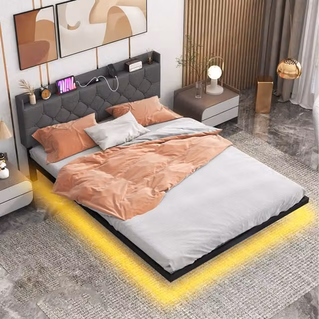 Costway Modern Upholstered Floating Bed Frame in Grey with Under-Bed Lighting and USB Charging Ports, W/D/H: 180 x 200 cm