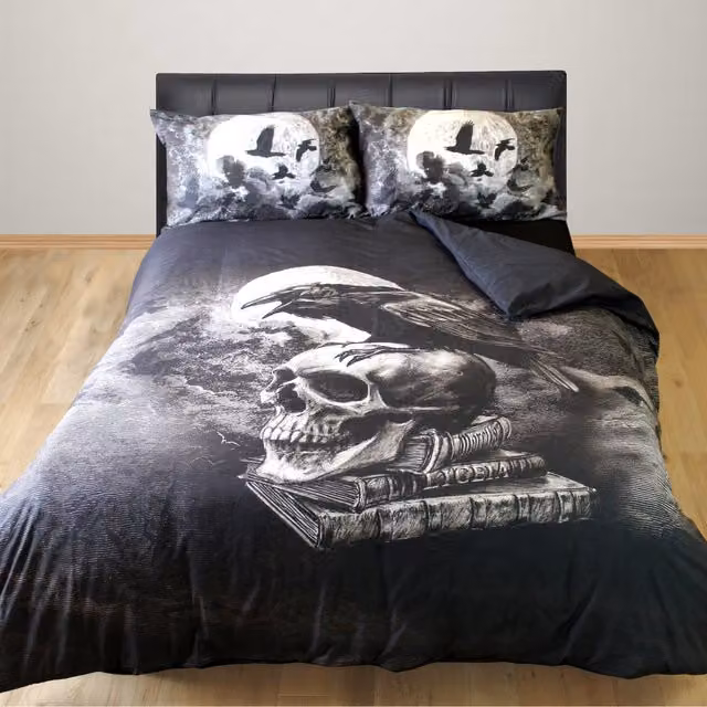 Alchemy England Poe's Raven Gothic Duvet Cover and Pillowcase Set, Black and Grey, W/D/H: 200 x 200 cm, Pillowcase: 50 x 75 cm