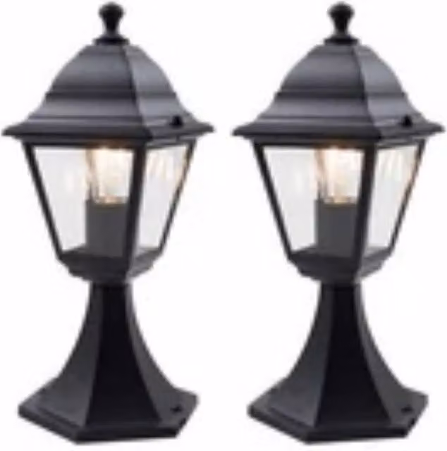 Havendro Set of 2 Modern Black Metal and Glass Outdoor Post Pedestal Lantern Lights, IP44 Rated – 1