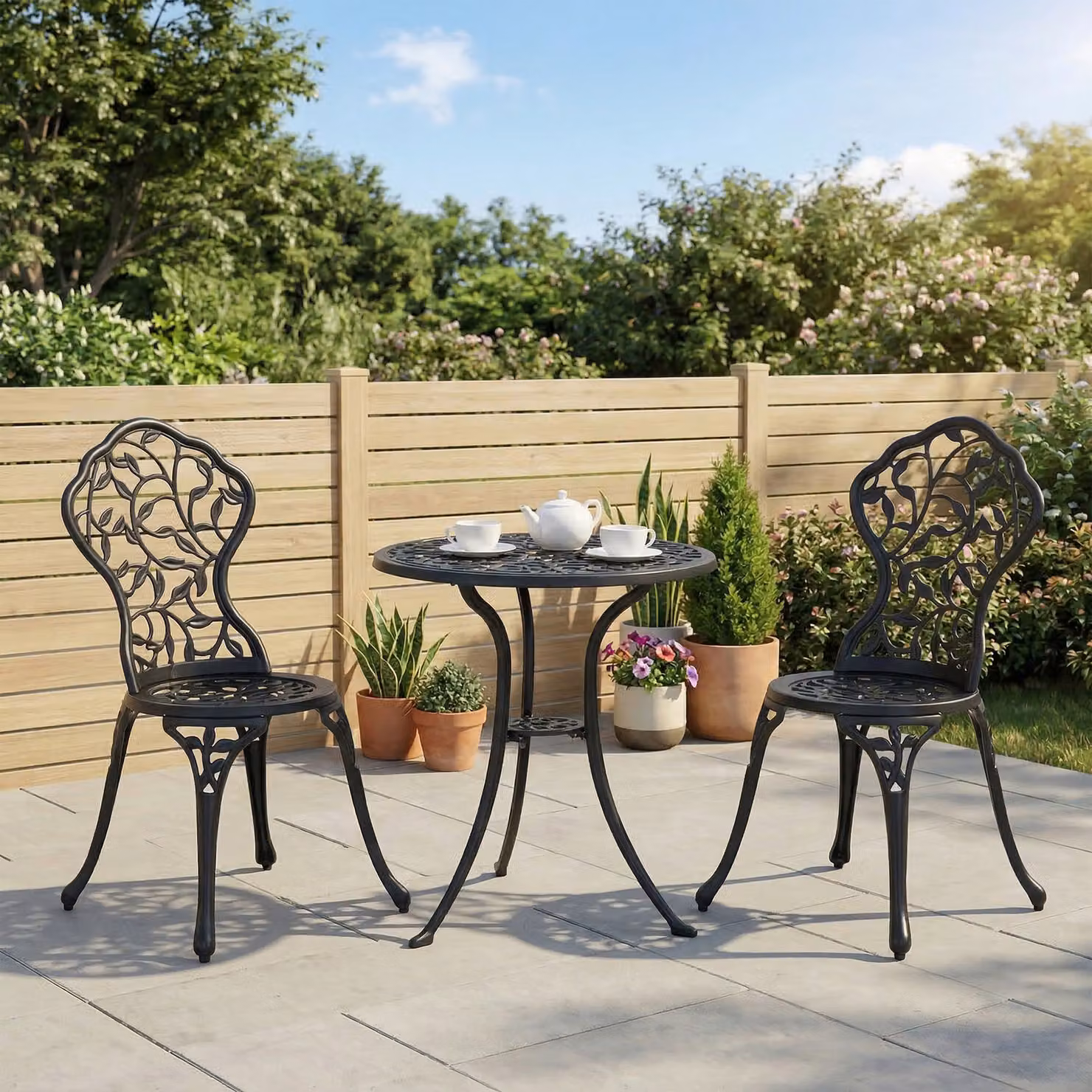 Outsunny 3-Piece Antique Style Cast Aluminium Bistro Set in Black with Round Table and Chairs for Garden, Balcony or Terrace – 2