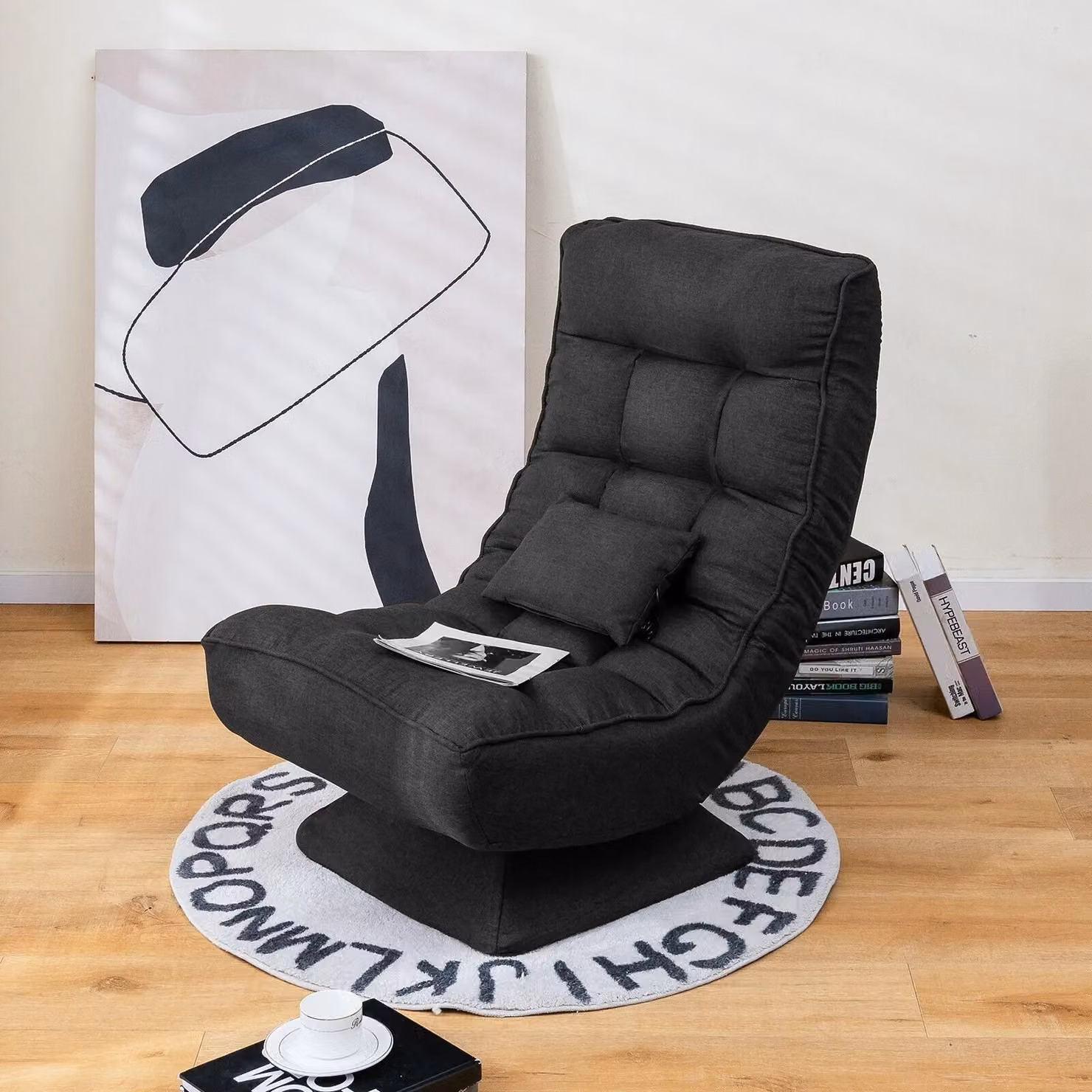 Costway Black Folding Floor Gaming Chair with 360 Degree Swivel and 4-Position Adjustable Backrest – 3