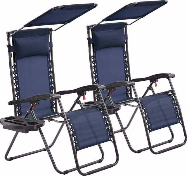 Yaheetech Set of 2 Adjustable Outdoor Lounge Chairs in Blue with Textilene Fabric, Sun Canopy, Adjustable Headrests and Side Trays with Cup Holders