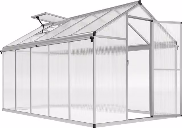 Outsunny Polycarbonate Greenhouse with Aluminium Frame, Rain Gutters and Window, W: 182.88 cm, D: 304.8 cm, H: 195 cm – 1