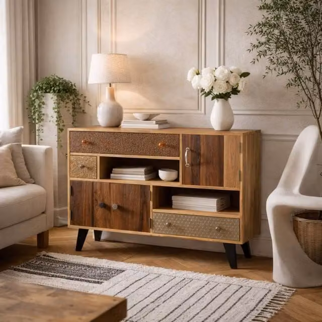 Wyld Haus Kokkola Reclaimed Wood Sideboard Coffee Table with 3 Doors in Brown