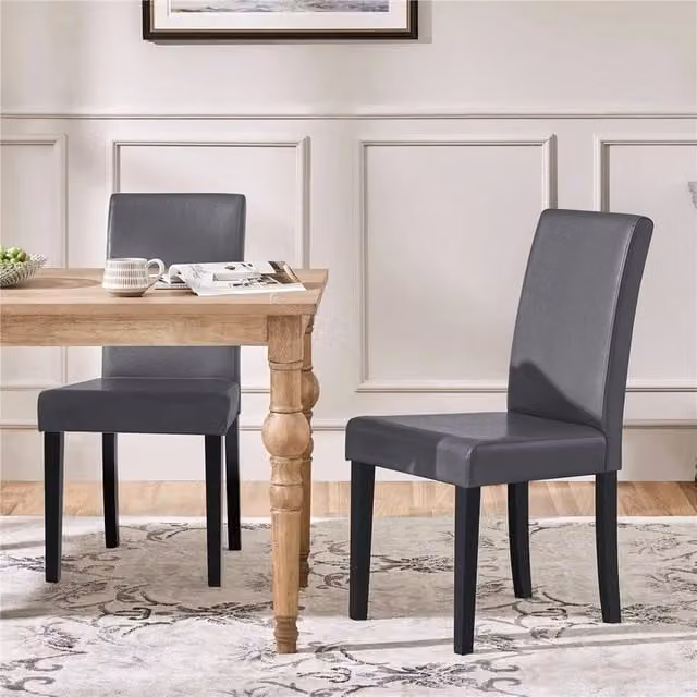 EONLION Set of 2 High Back Dining Chairs in Dark Grey Faux Leather with Rubberwood Legs