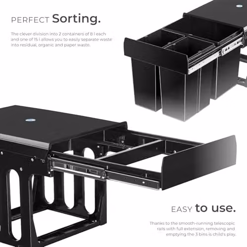 tectake Ashlyn Kitchen Bin with 3 Compartments and Telescopic Rails, Black, 31L Capacity – 3