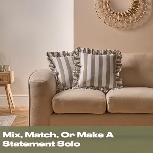 OHS 4 Pack Striped Linen Cushion Covers with Frill Edges, Green, W/D/H: 45 x 45 x 45 cm – 2