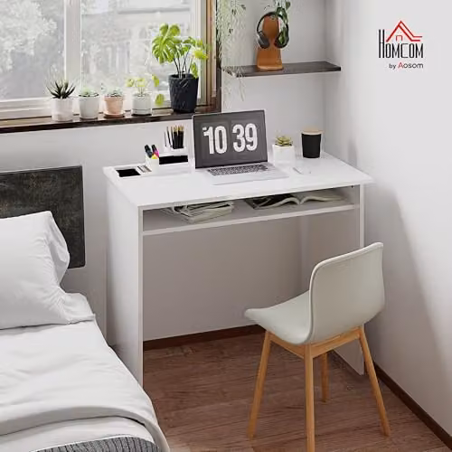 HOMCOM Modern Computer Desk with Storage Shelf, High Gloss White, W: 90 cm, D: 50 cm, H: 74 cm – 2