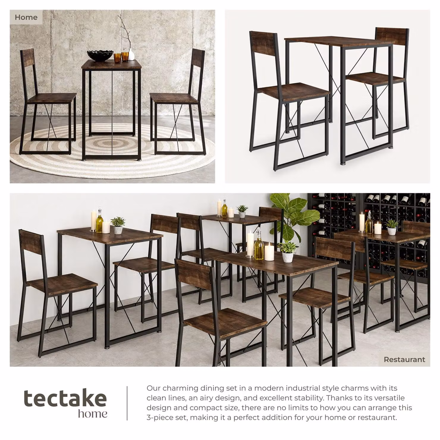 TECTAKE Margate 3-Piece Dining Table and Chairs Set in Brown and Black Industrial Style – 7