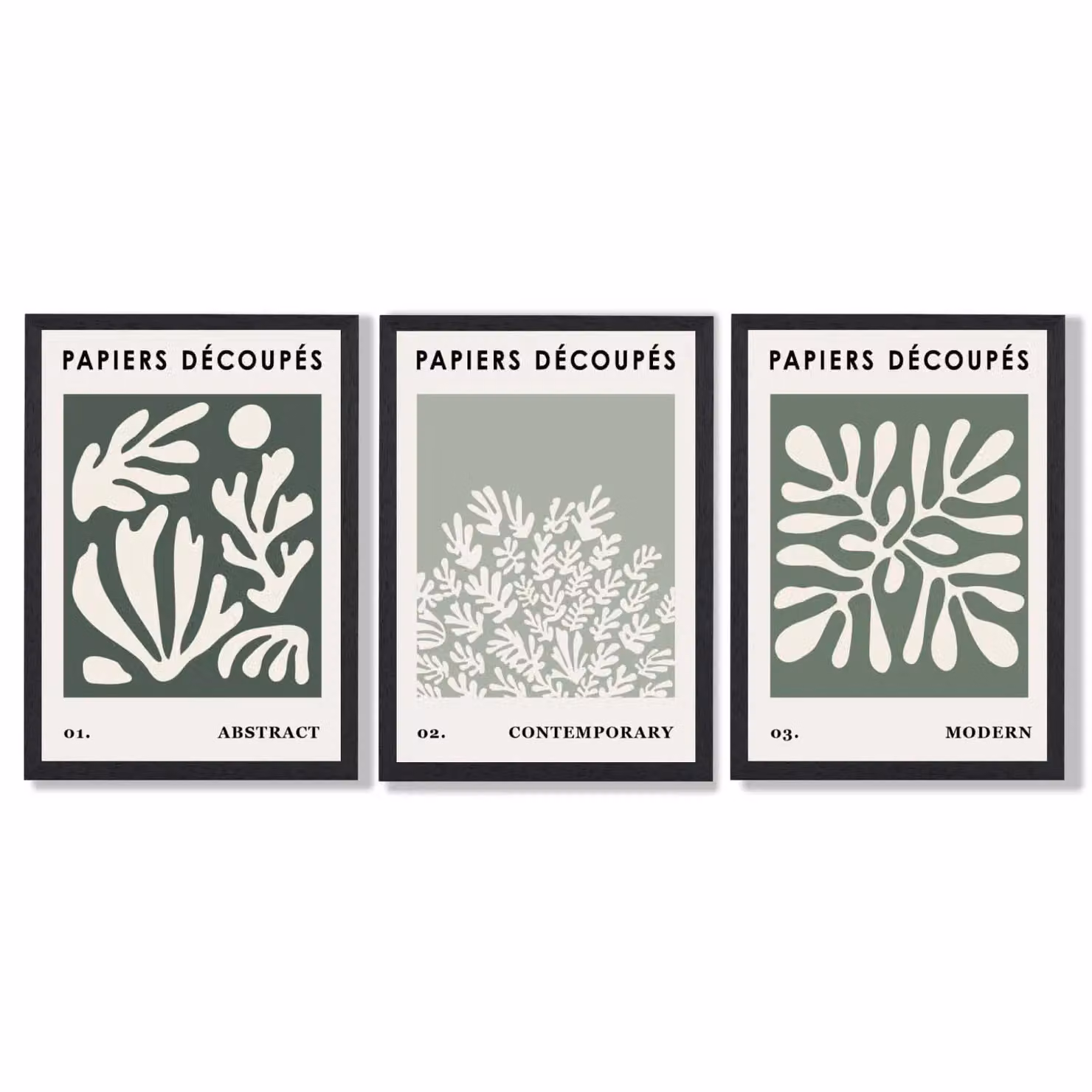 ARTZE Matisse Floral Set of 3 Wall Art Prints in Green, Sage and Beige with Black Frame – 2