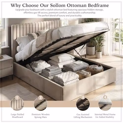 FWStyle Sollom Upholstered Ottoman Bed Frame in Sand Beige with Lift Up Storage, W/D/H: 154 x 112.5 x 209 cm – 3