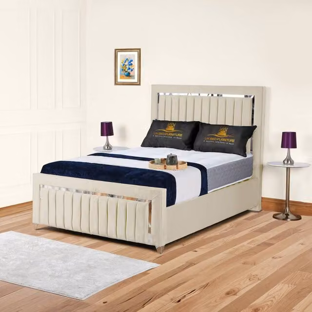 UK Bed Furniture Modern Upholstered Gas Lift Storage Bed in Beige, Size: 200 x 200 cm