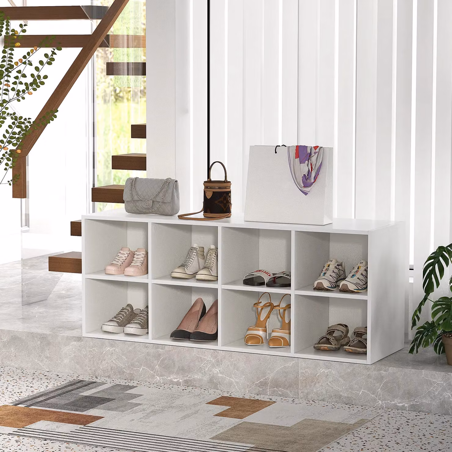 Gymax 8-Grid Shoe Bench and Shoe Rack in White – 2