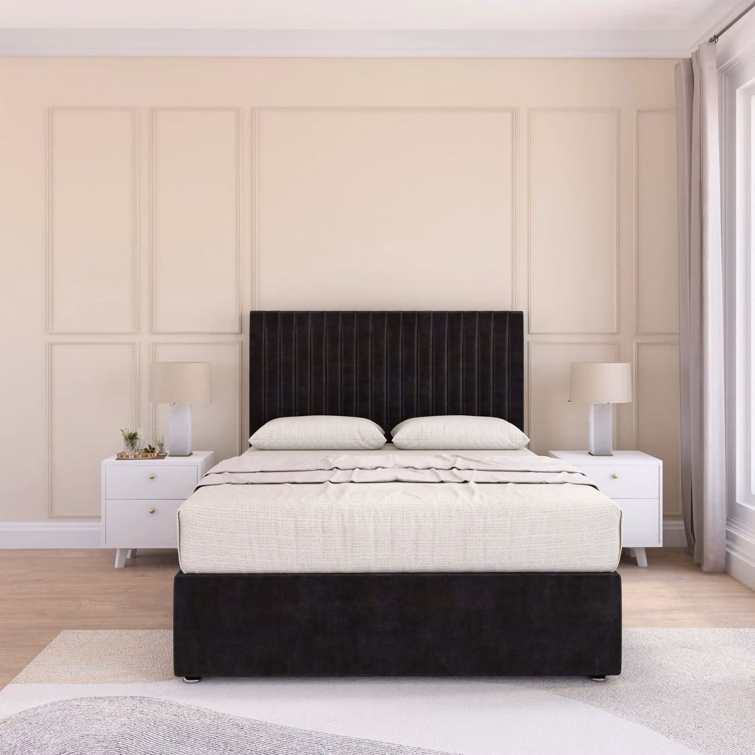 Sloomy Manhattan Small Single Divan Bed Base and 54 inch Floor Standing Headboard in Black Velvet