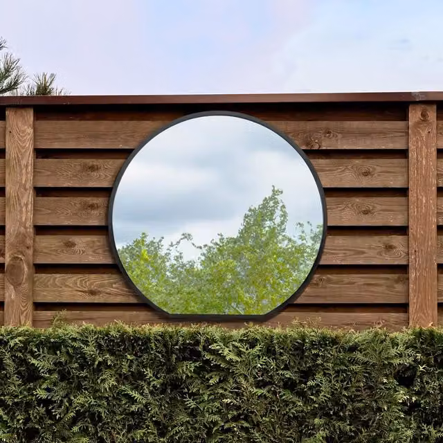 MirrorOutlet Circulus Black Modern Round Metal Garden Wall Mirror, Diameter: 100 cm