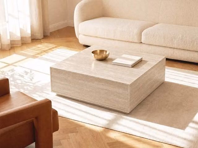 Vente-unique Coffee Table with 2 Drawers in Beige Travertine Effect MDF, W: 90 cm, D: 43 cm, H: 35 cm – 1