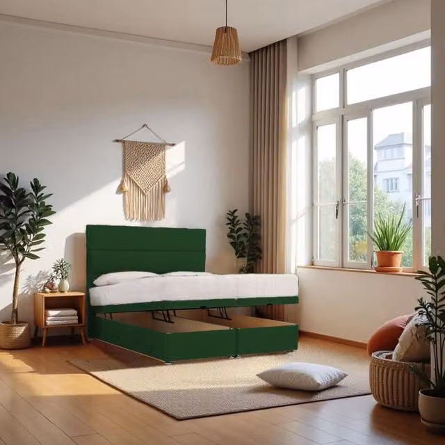Knight Sleep York End Opening Ottoman Bed with Orthopaedic Hybrid Mattress and 24 inch Headboard in Emerald Green, W/D/H: 90 x 190 cm