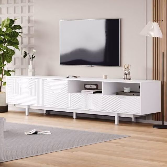 STILVORA Modern Geometric TV Stand with Doors and Shelves in Matt White