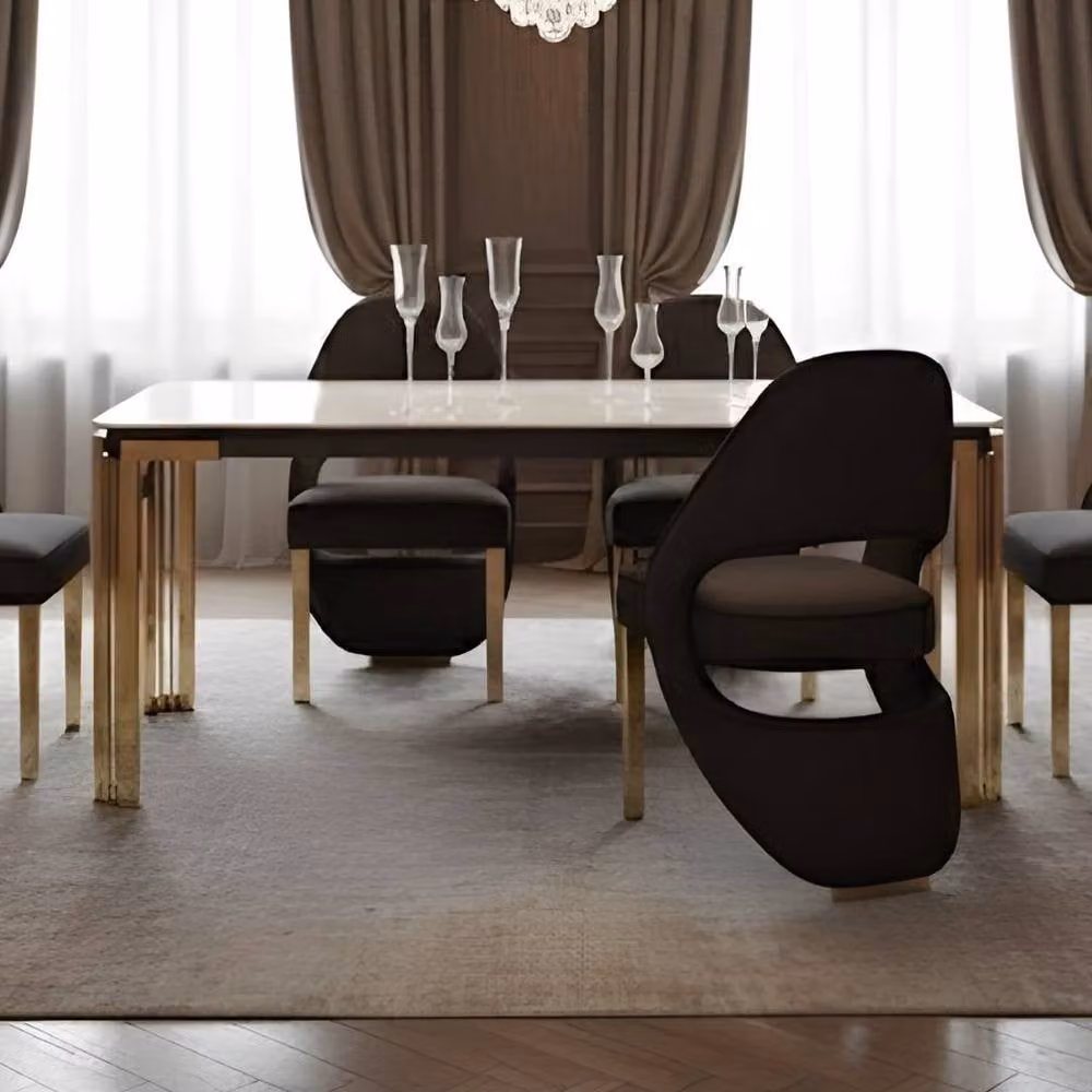 HOME LUXE INTERIOR Sorrento White Marble Rectangular Dining Table and 6 Santorini Black and Gold Chairs – 7