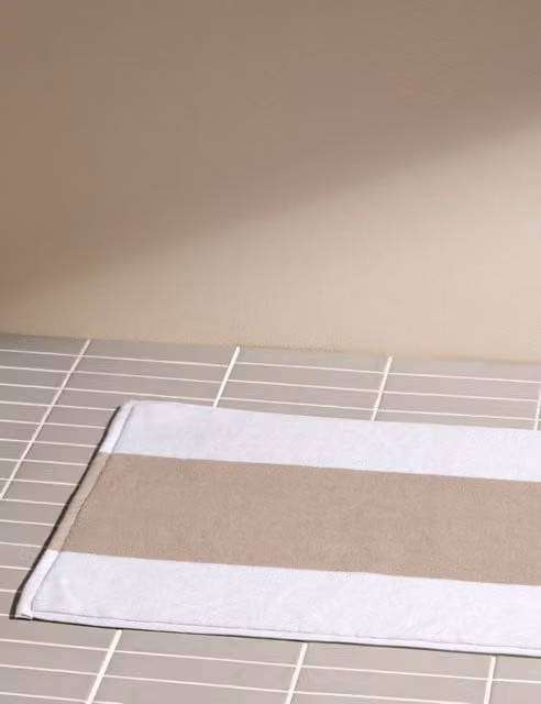M&S x Kelly Hoppen Striped Pure Cotton Rectangular Bath Mat in Beige and White