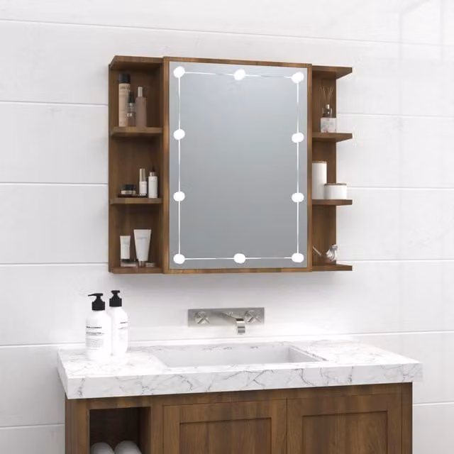 Berkfield Home Modern Brown Oak Mirror Cabinet with Integrated LED Lighting, W/D/H: 70 x 16.5 x 60 cm