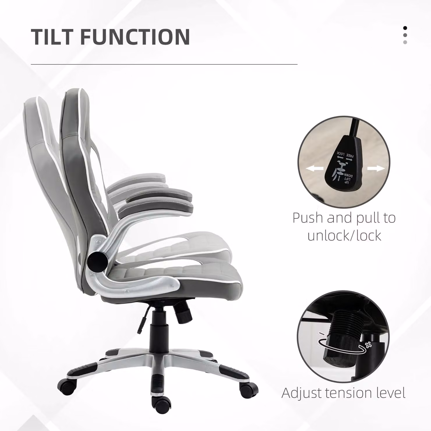 Vinsetto Grey Synthetic Leather Racing Gaming Chair with Flip-up Armrests and Swivel Function – 3