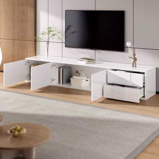 Merax Modern High Gloss White Wall Mounted TV Unit with 3 Doors and 2 Drawers, W/D/H: 167 x 30 x 30 cm – 1
