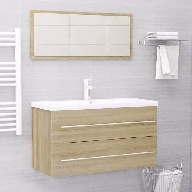 Berkfield Home 2 Piece Modern Bathroom Furniture Set in Sonoma Oak Brown featuring Vanity Unit and Mirror Cabinet