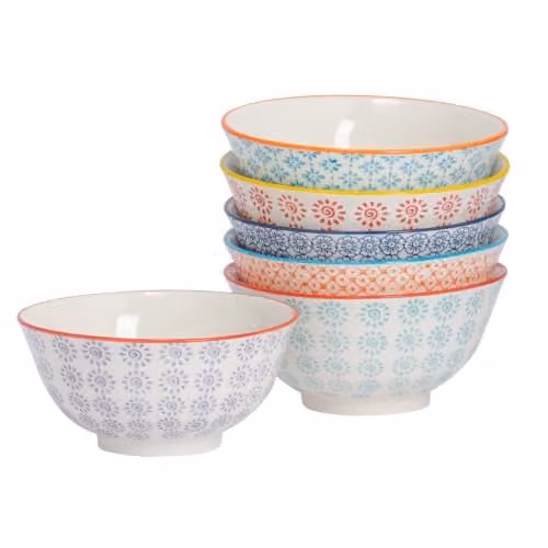 Nicola Spring Hand-Printed Porcelain Cereal Bowls, Multicolour, Pack of 6, Diameter: 16 cm – 1