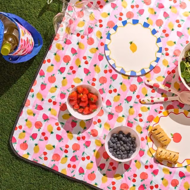 OHS Foldable Graphic Print Picnic Blanket in Pink and Multicolour